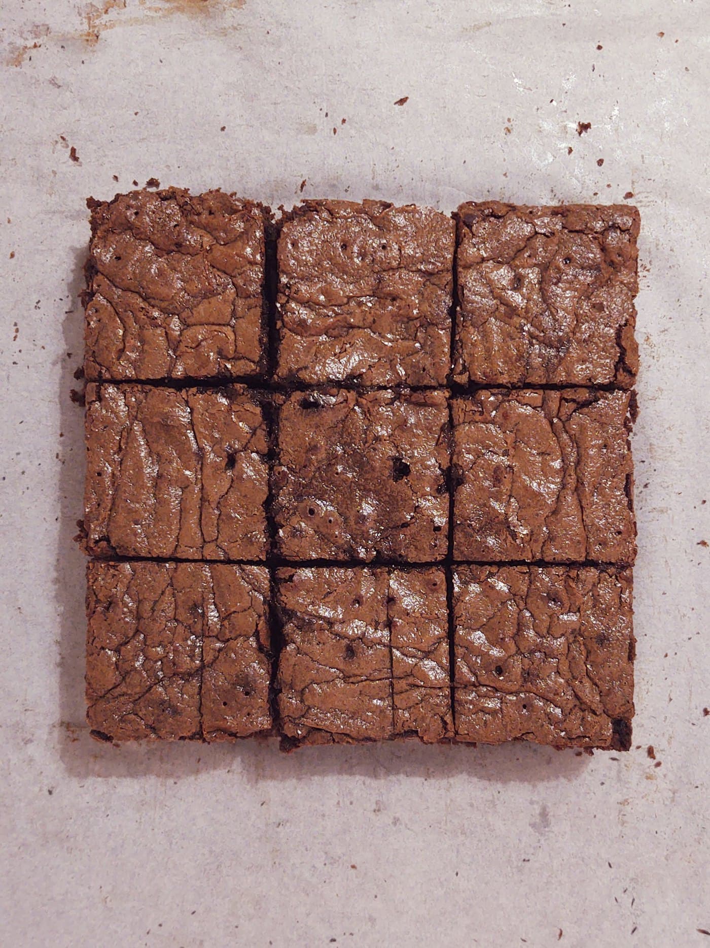 Nine brownie squares seen from above