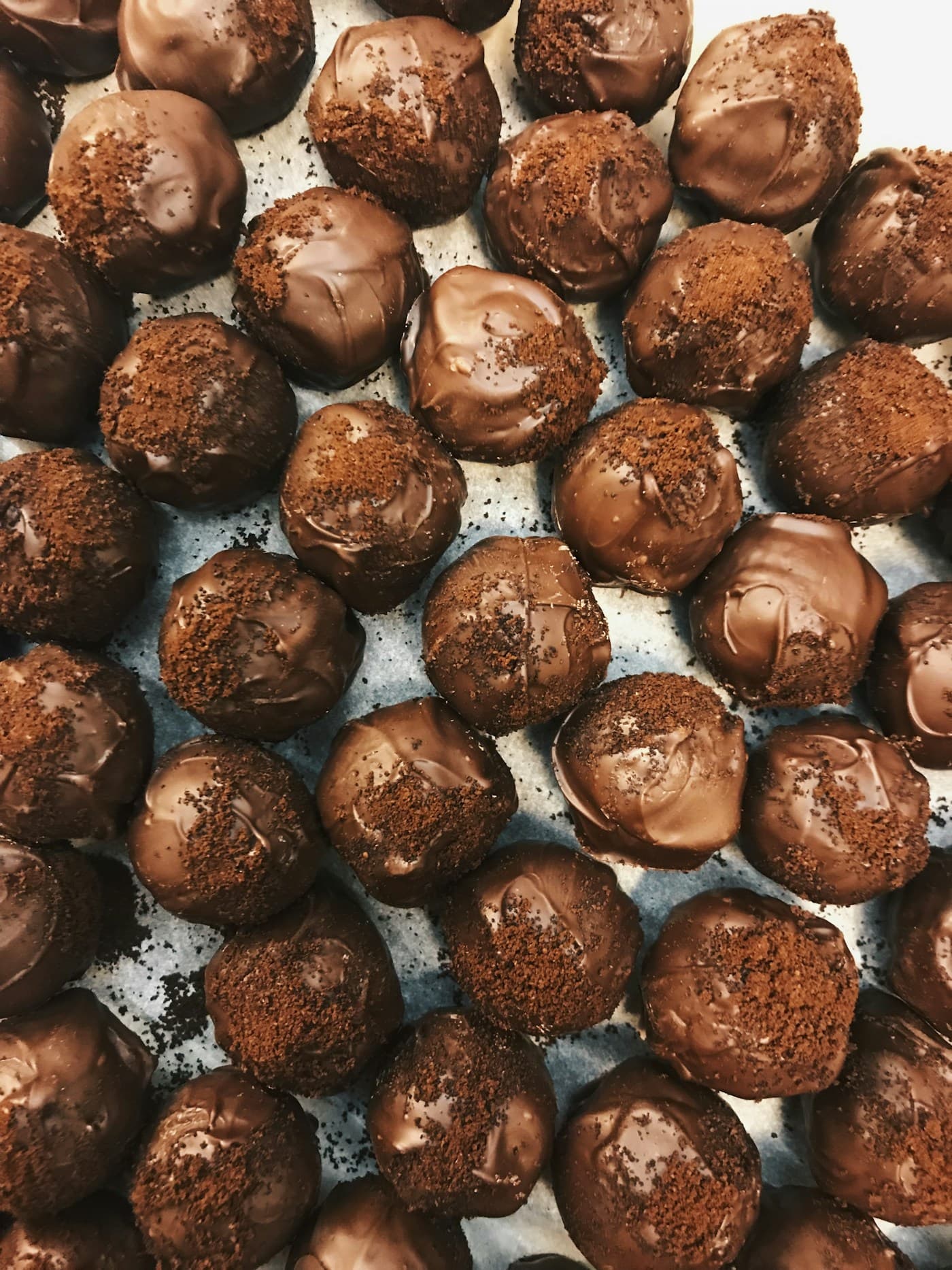 Rows of hand-dipped chocolate bonbons dusted with cocoa